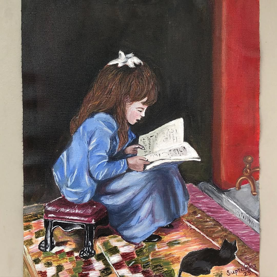 Painting of a young reader in blue beside a red curtain and black cat.
