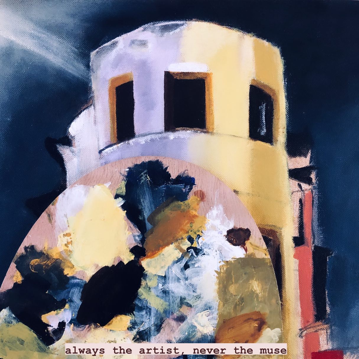 Expressive painting of a figure beneath a rounded yellow building and dark sky.