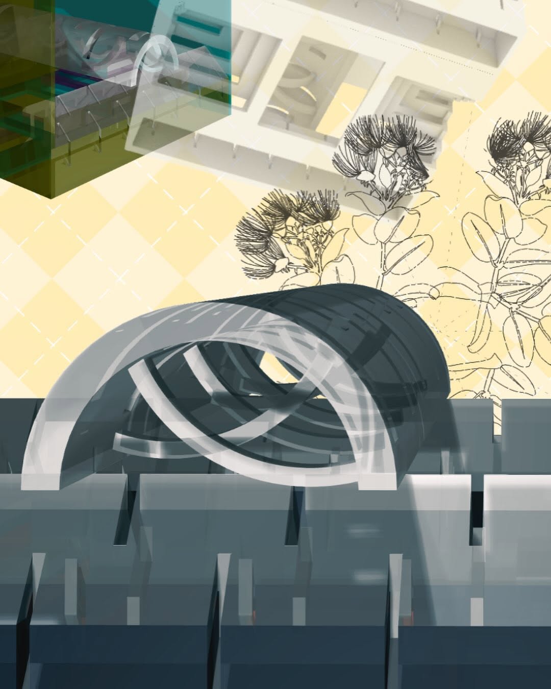 Architectural collage of a translucent barrel vault, pale yellow geometry, and botanical line drawings.