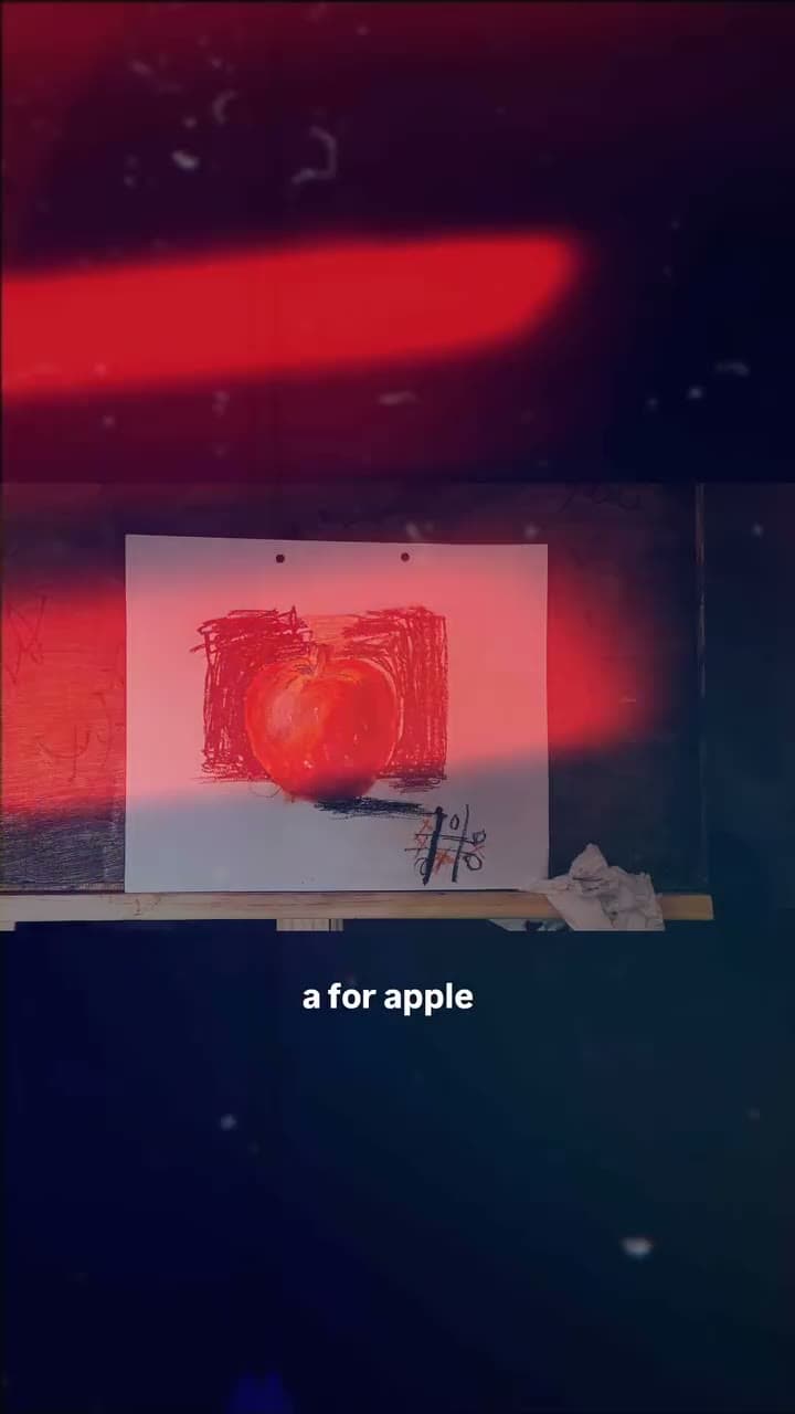 Dark vertical film of a red apple drawing crossed by moving crimson light and the words a for apple.