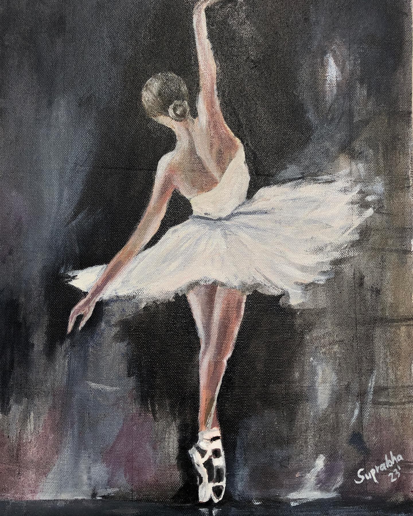 Close view of the ballerina painting, signed Suprabha at lower right.