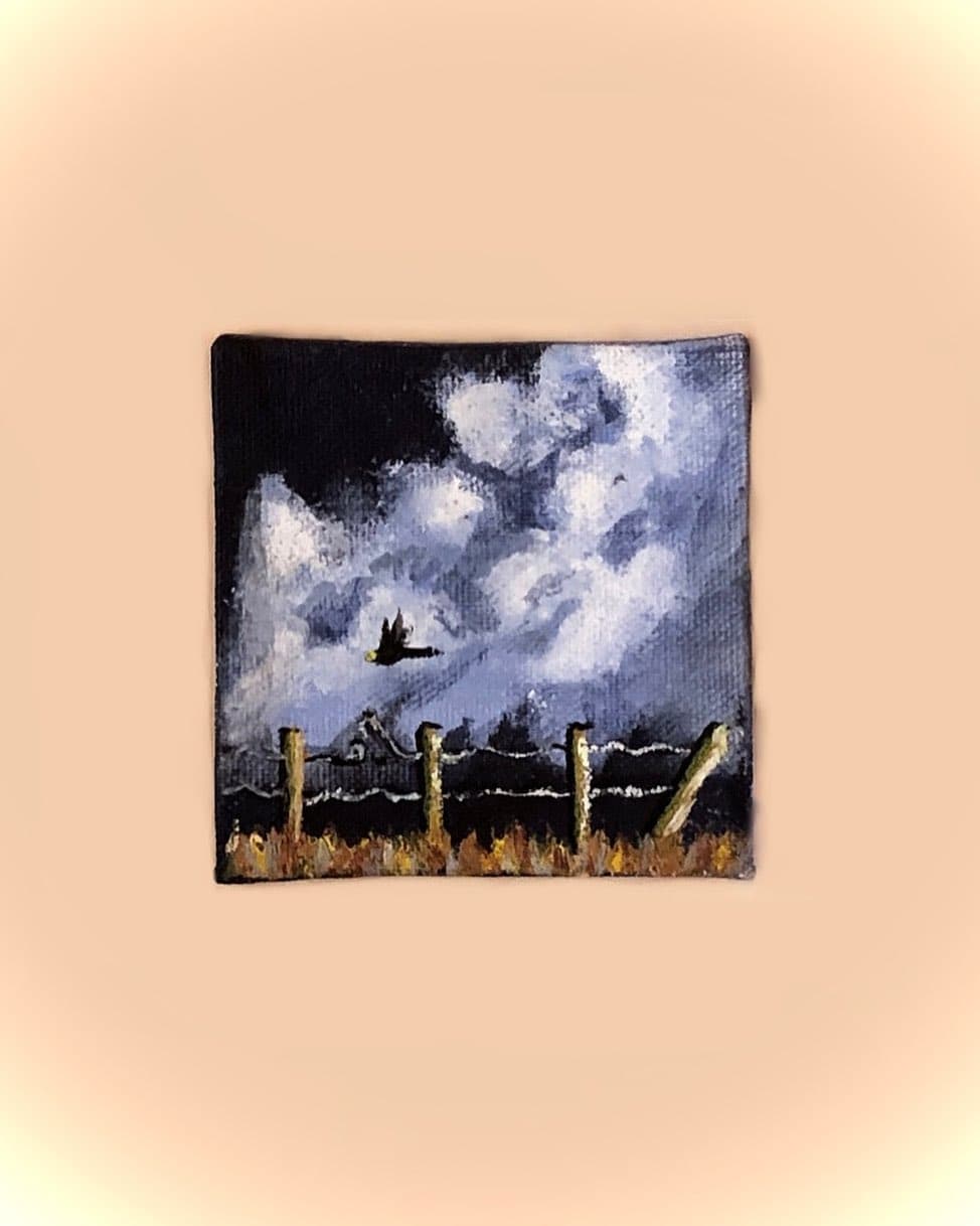 Small square painting of a lone bird in a violet storm sky above a sparse dark fence line.