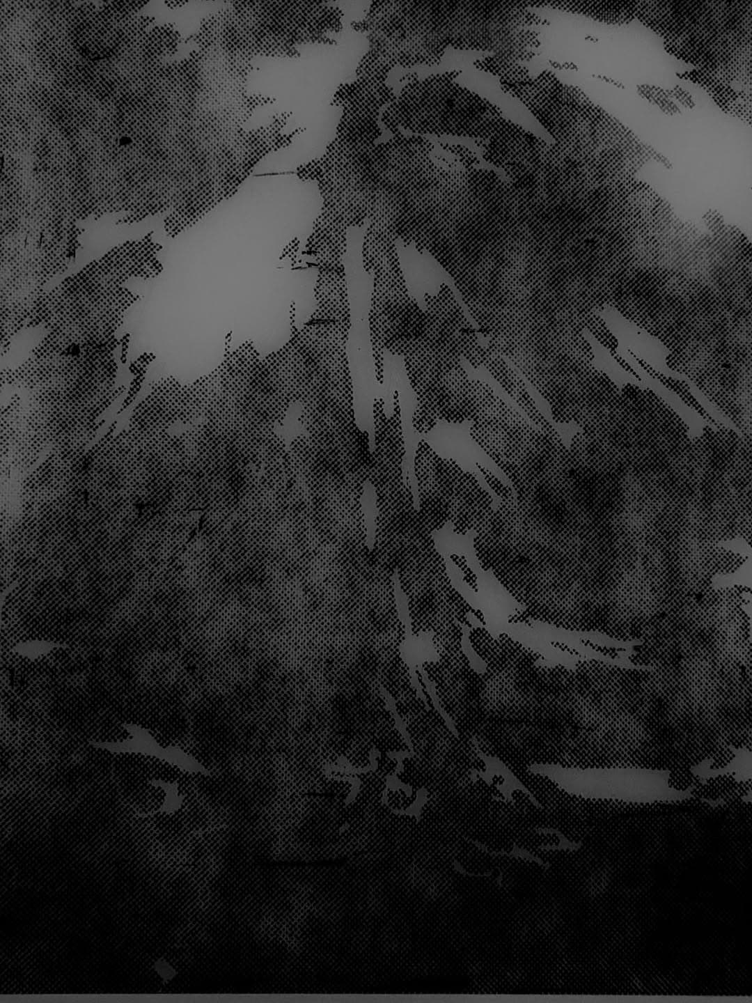 Very dark monochrome architectural rendering with a pale vertical form emerging through dense grain.