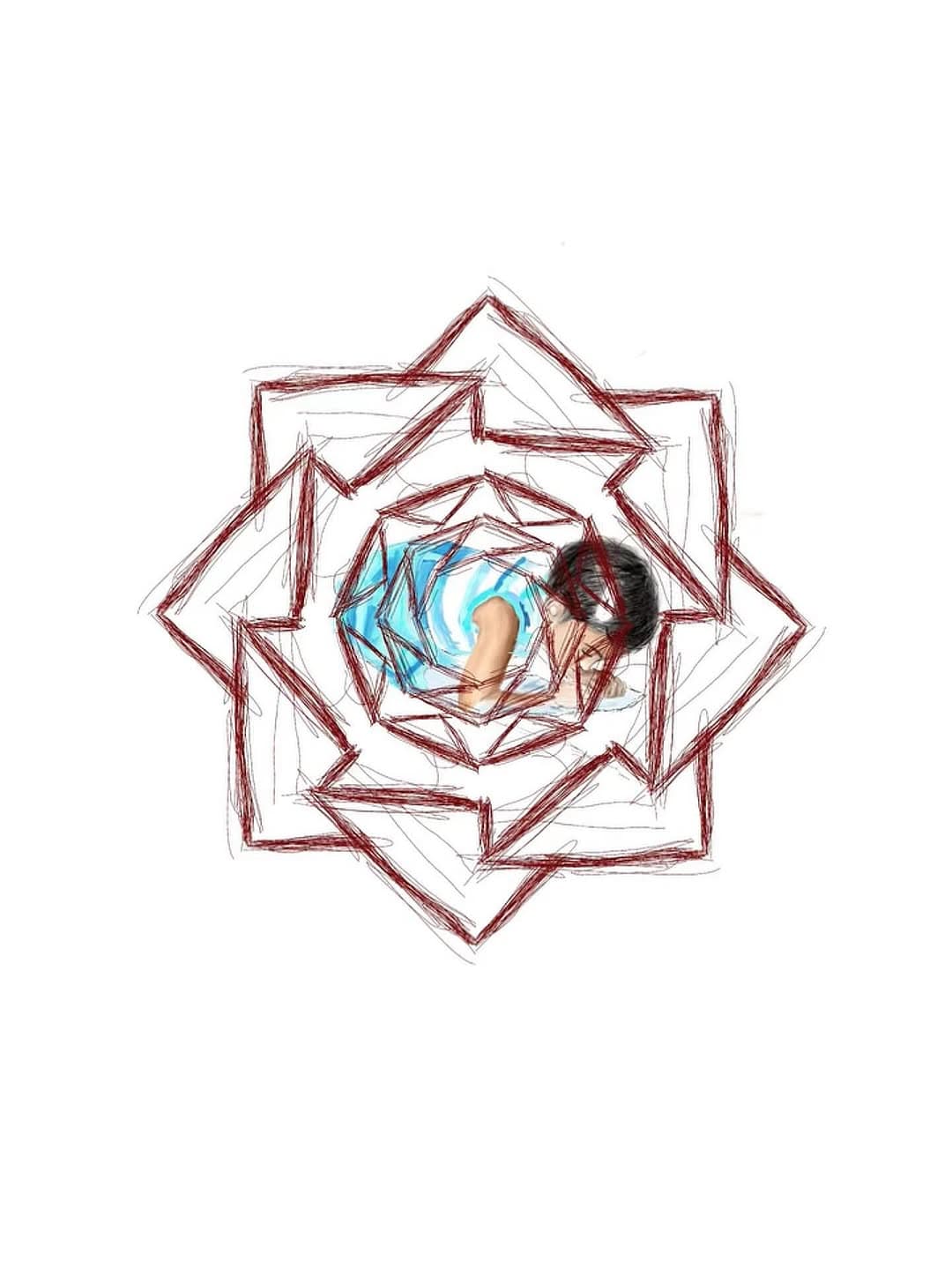 Layered red angular outlines radiating around a small blue architectural center on white.