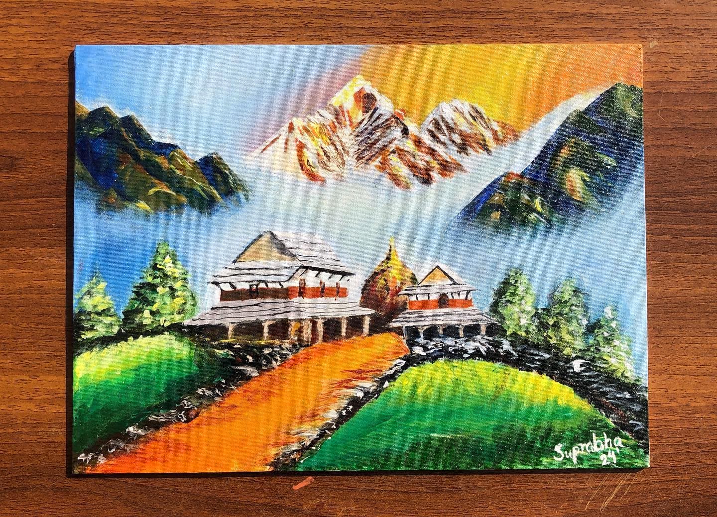 Colorful painting of Himalayan peaks behind traditional red-and-white buildings, reached by an orange path between vivid green hills.