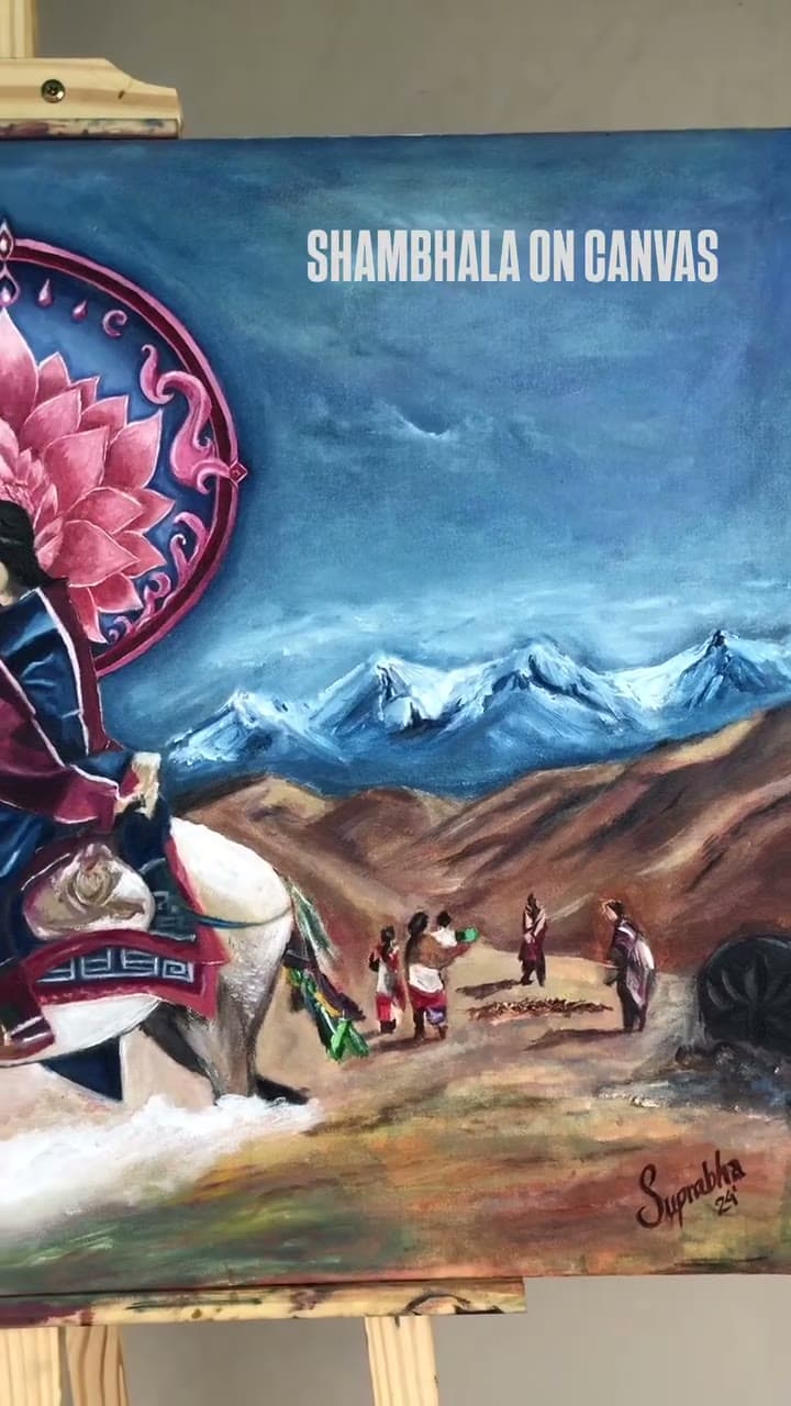 Process film of a Shambhala-inspired painting with a lotus, Himalayan mountains, figure, and travelers.
