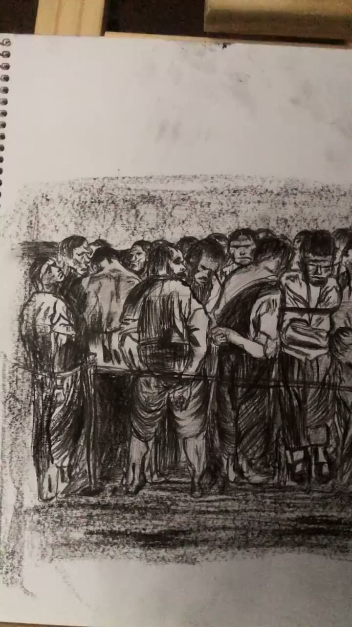Time-lapse of a charcoal study after Käthe Kollwitz’s The Prisoners, with a hand shading a tightly grouped line of figures.