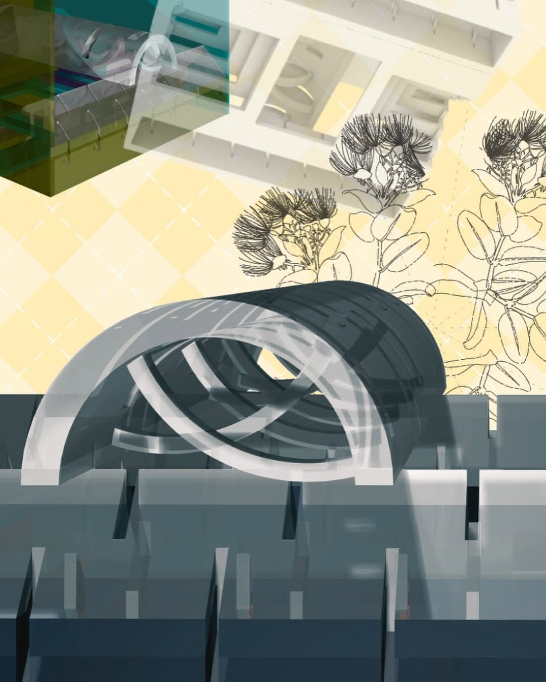 Architectural collage of a translucent barrel vault, pale yellow geometry, and botanical line drawings.